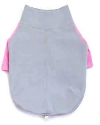 Adjustable Fleece Dog Sweatshirt in gray and pink, featuring fleece material and adjustable hem for dogs.