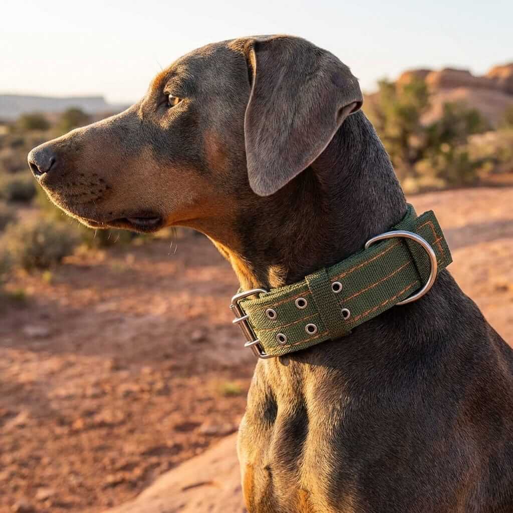 Adjustable Nylon Dog Collar on a dog, featuring adjustable design, metal D-ring, perfect for Dogs & Cats.