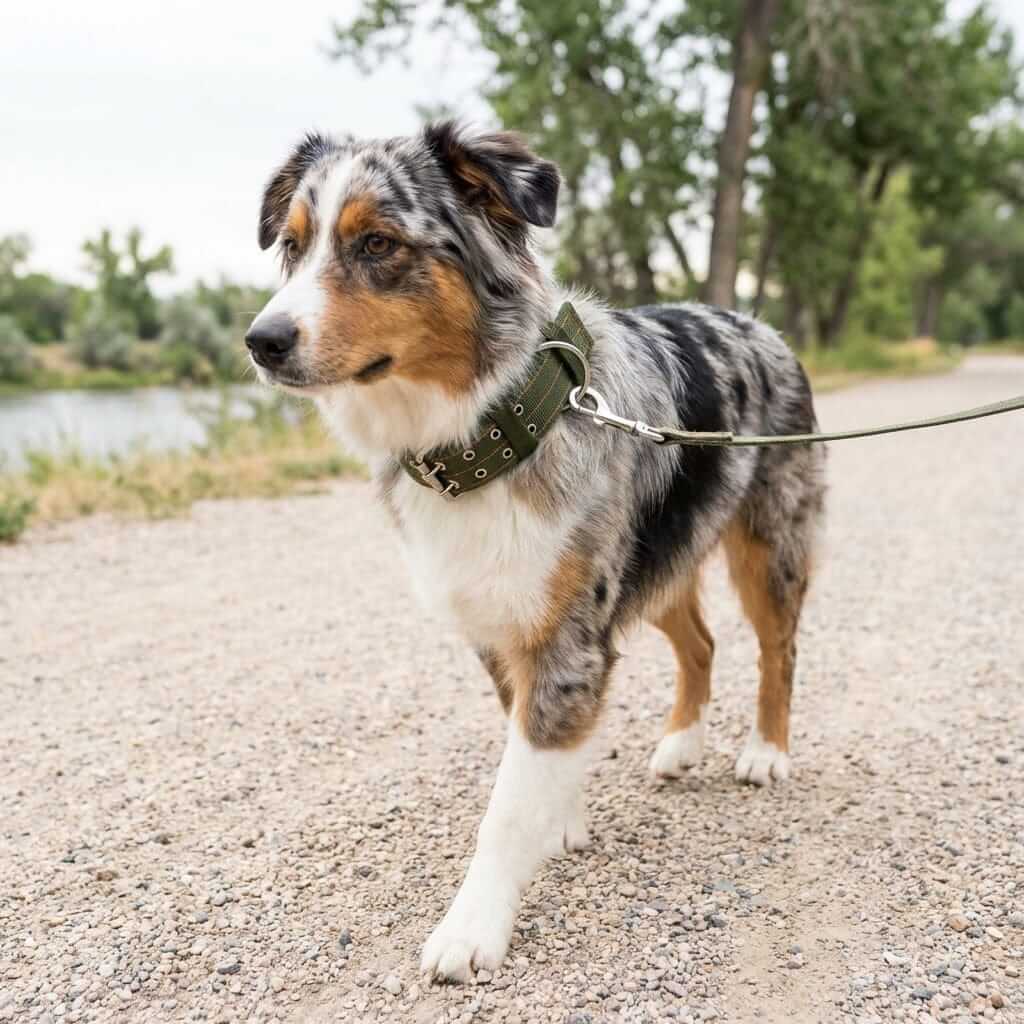 Adjustable Nylon Dog Collar on a stylish dog walking outdoors, featuring durable material and metal D-ring for leash attachment.