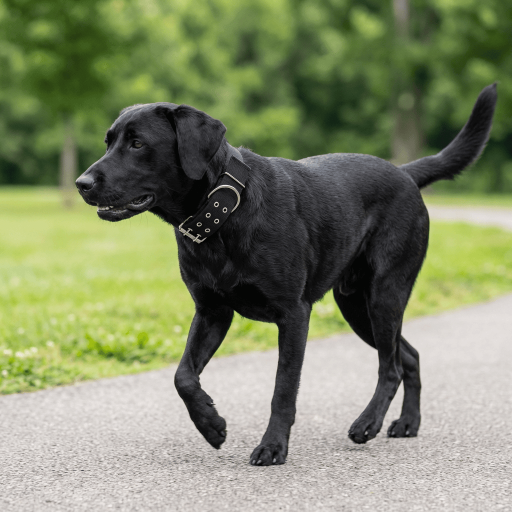 Adjustable Nylon Dog Collar on a black dog walking in the park, featuring soft, durable material and adjustable design.