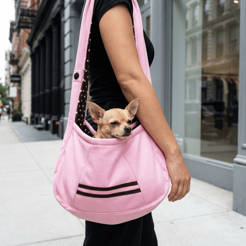 Adjustable Outdoor Pet Carrier for Dogs & Cats, lightweight, one opening, adjustable strap with pet looking out.