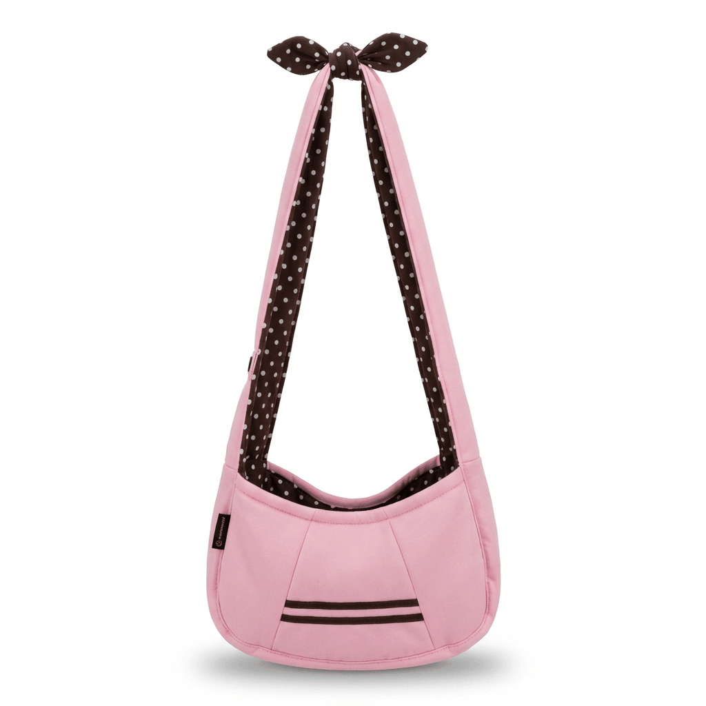 Adjustable Outdoor Pet Carrier in pink with polka dot strap, perfect for small dogs and cats, featuring adjustable shoulder strap.