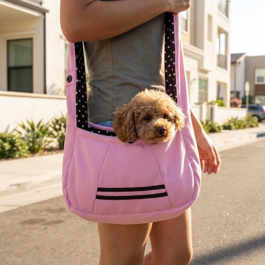 Adjustable Outdoor Pet Carrier with small dog, perfect for outings, featuring adjustable strap and lightweight design.