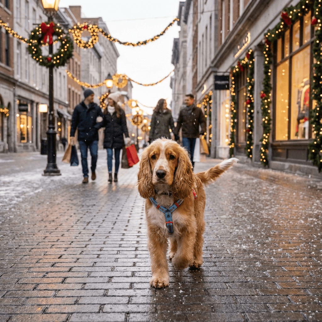 Adventure-Ready No-Pull Dog Harness on a dog walking through a festive street with holiday decorations.