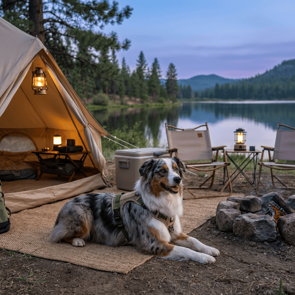 AdventureGuard Waterproof Dog Harness on Australian Shepherd at campsite by lake.