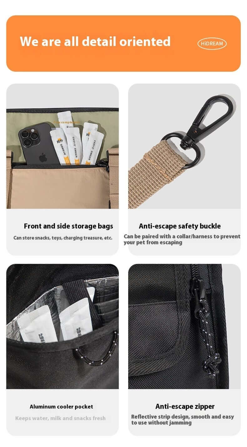 AirComfort Portable Pet Carrier features secure storage, anti-escape buckle, aluminum cooler pocket, and anti-escape zipper.