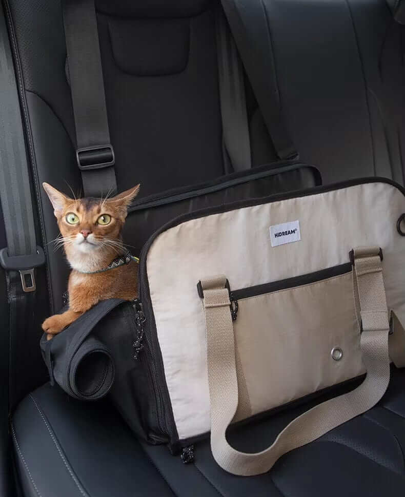 AirComfort Portable Pet Carrier with a cat securely resting in a vehicle, designed for safe travel for dogs and cats.