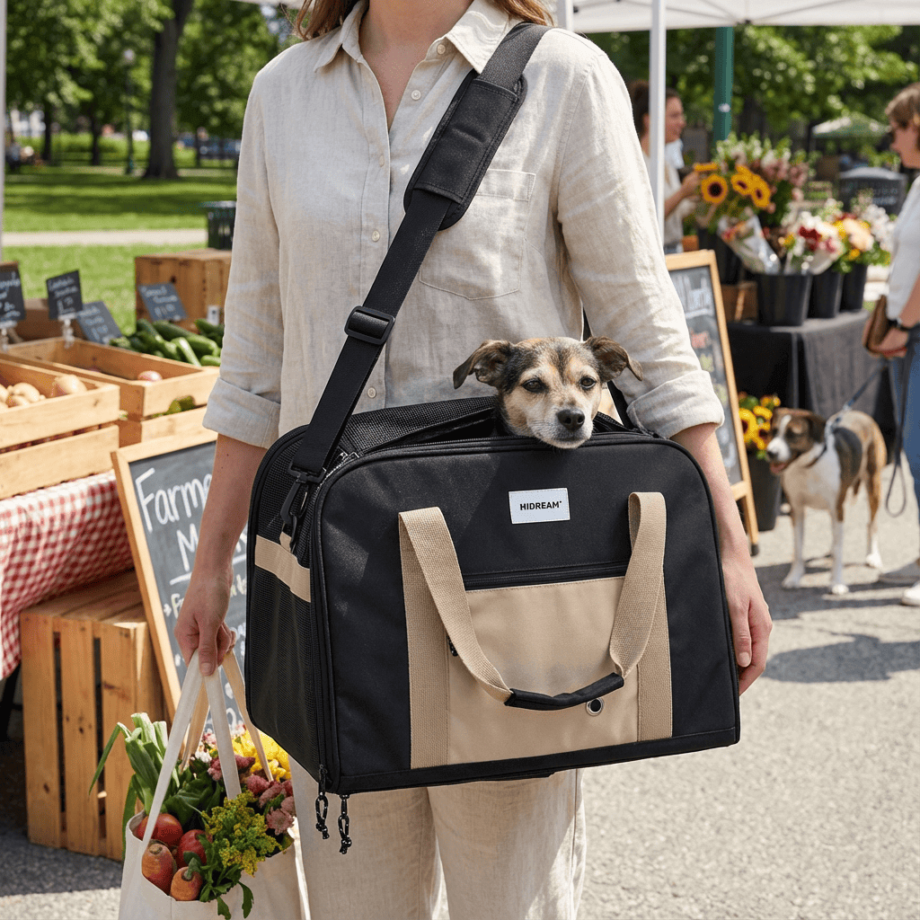 AirComfort Portable Pet Carrier with a dog, showcasing its breathable design and portability for safe travel.