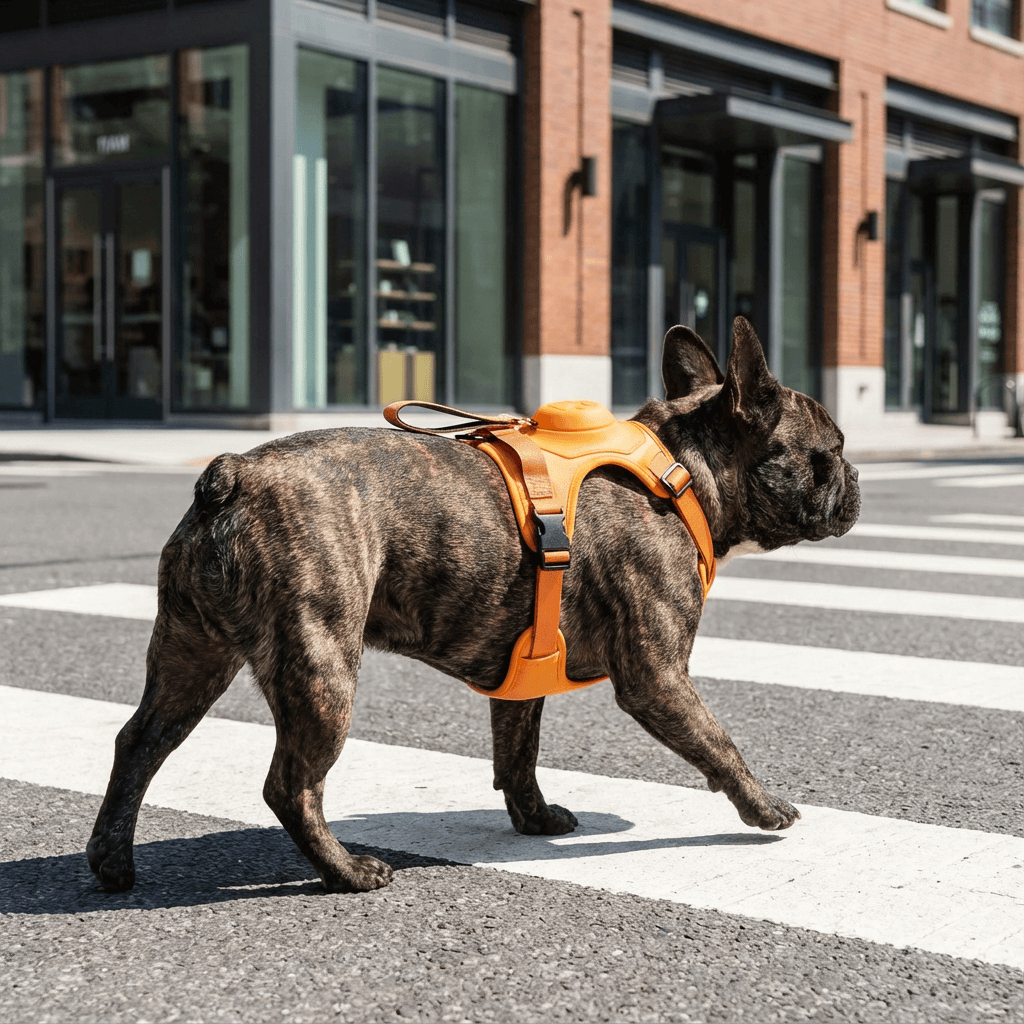 AirFlex Dog Harness on a French Bulldog walking in the city, featuring a lightweight and adjustable design for comfort.