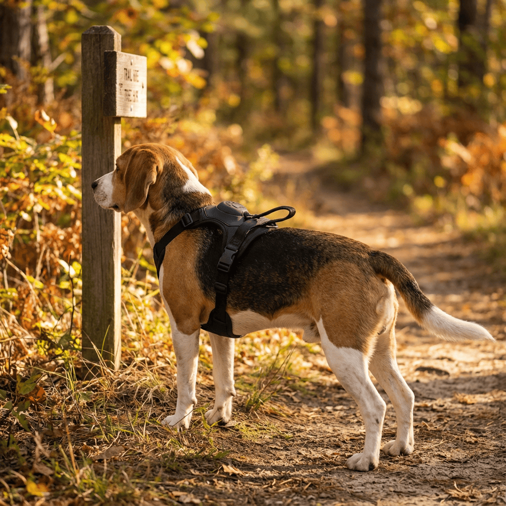 Beagle wearing AirFlex Dog Harness exploring a forest trail, showcasing comfort and control for active dogs.