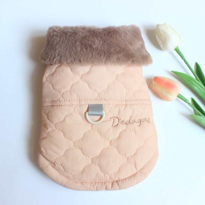 All-Weather Fur-Lined Dog Jacket in beige with fur collar, perfect for small dogs, by Dogs & Cats brand.