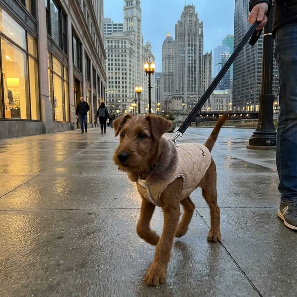 All-Weather Fur-Lined Dog Jacket on a small dog walking in the city, showcasing warmth and waterproof features for dogs.