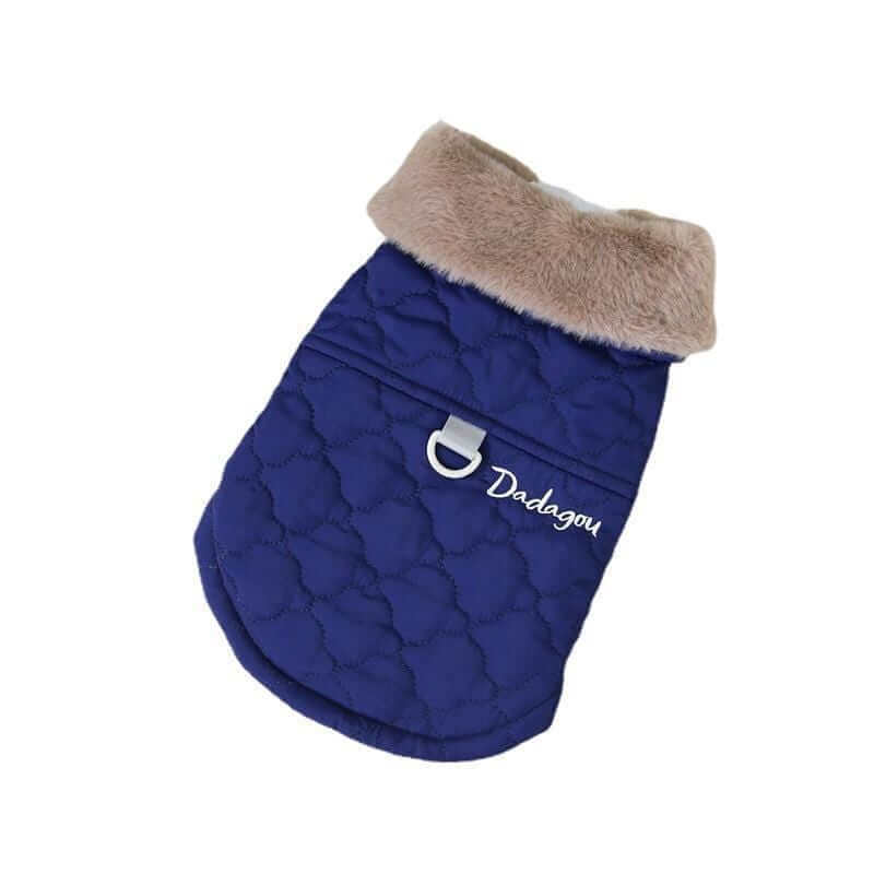 All-Weather Fur-Lined Dog Jacket in blue with fur collar for small dogs by Dogs & Cats brand