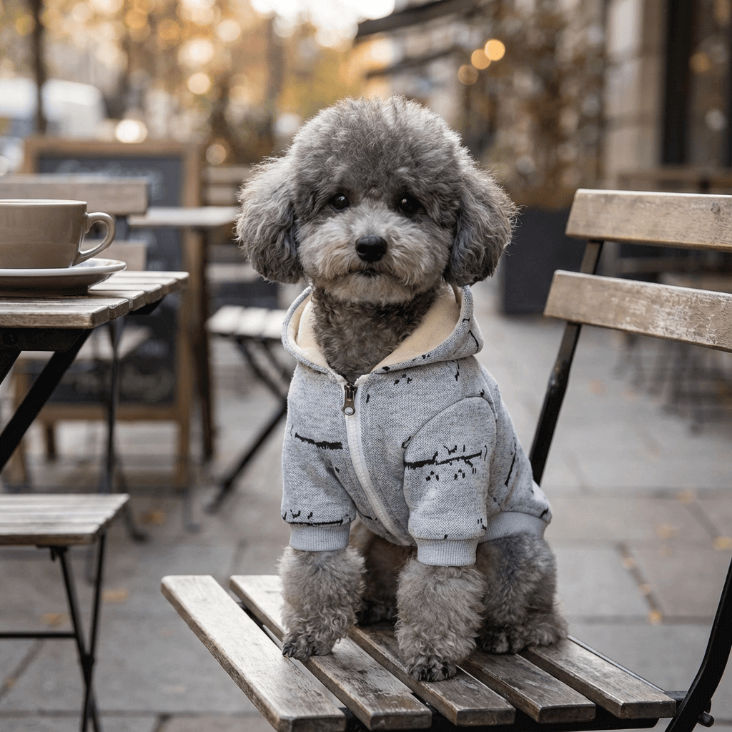 All-Weather Pup Jacket on a small dog sitting at a café, featuring stylish design for year-round comfort and warmth.