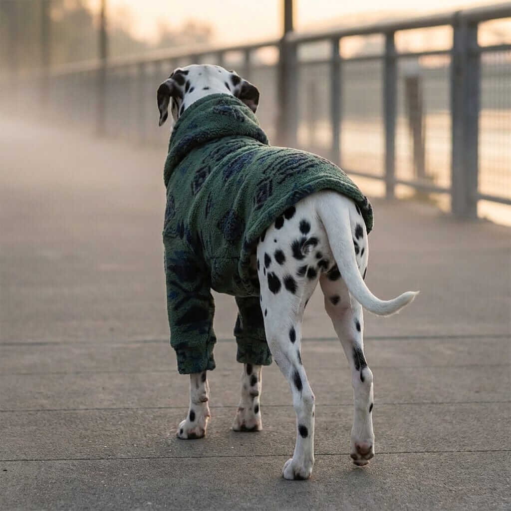 Alpine Sherpa Dog Hoodie on a Dalmatian walking in the park, designed for cold-weather comfort, Dogs & Cats brand.