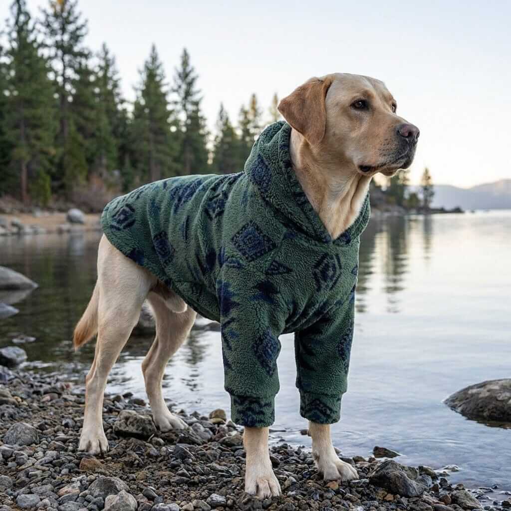Alpine Sherpa Dog Hoodie on a yellow lab in nature, providing warmth and comfort for dogs during cold weather.