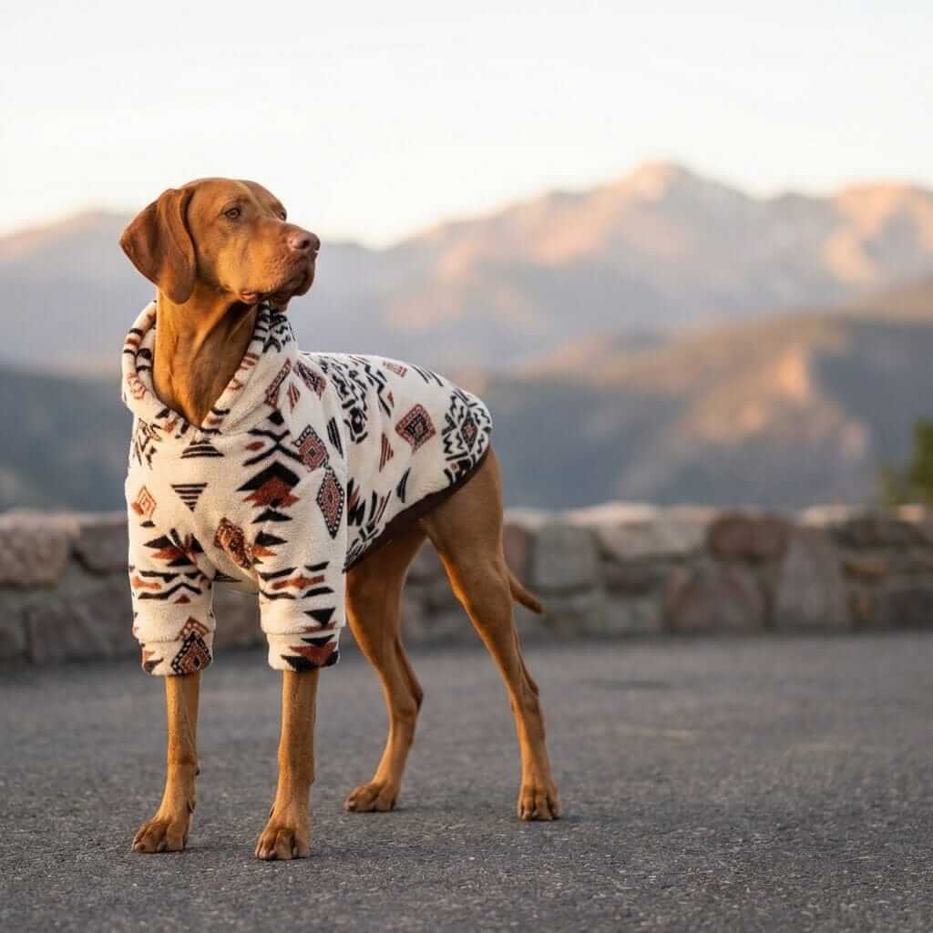 Alpine Sherpa Dog Hoodie on a stylish dog in a scenic outdoor setting, perfect for warm comfort in cold weather.