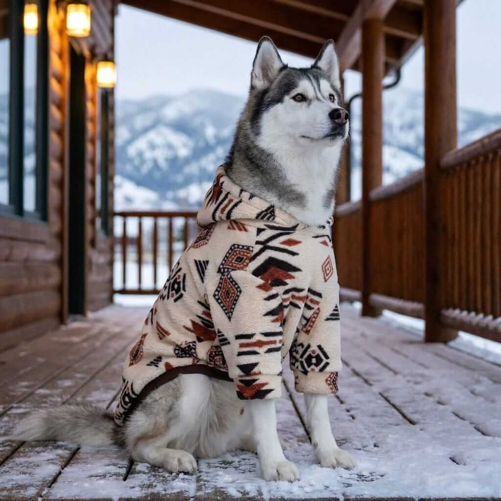 Alpine Sherpa Dog Hoodie on a husky dog, showcasing warmth and stylish design for cold weather by Dogs & Cats.