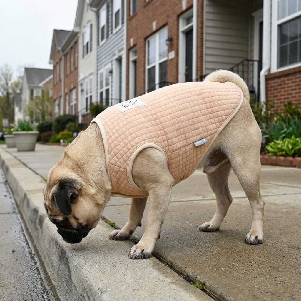 A pug wearing the Always Cloudy Velvet Dog Vest Sweater, showcasing its soft fabric and relaxed fit for comfort.