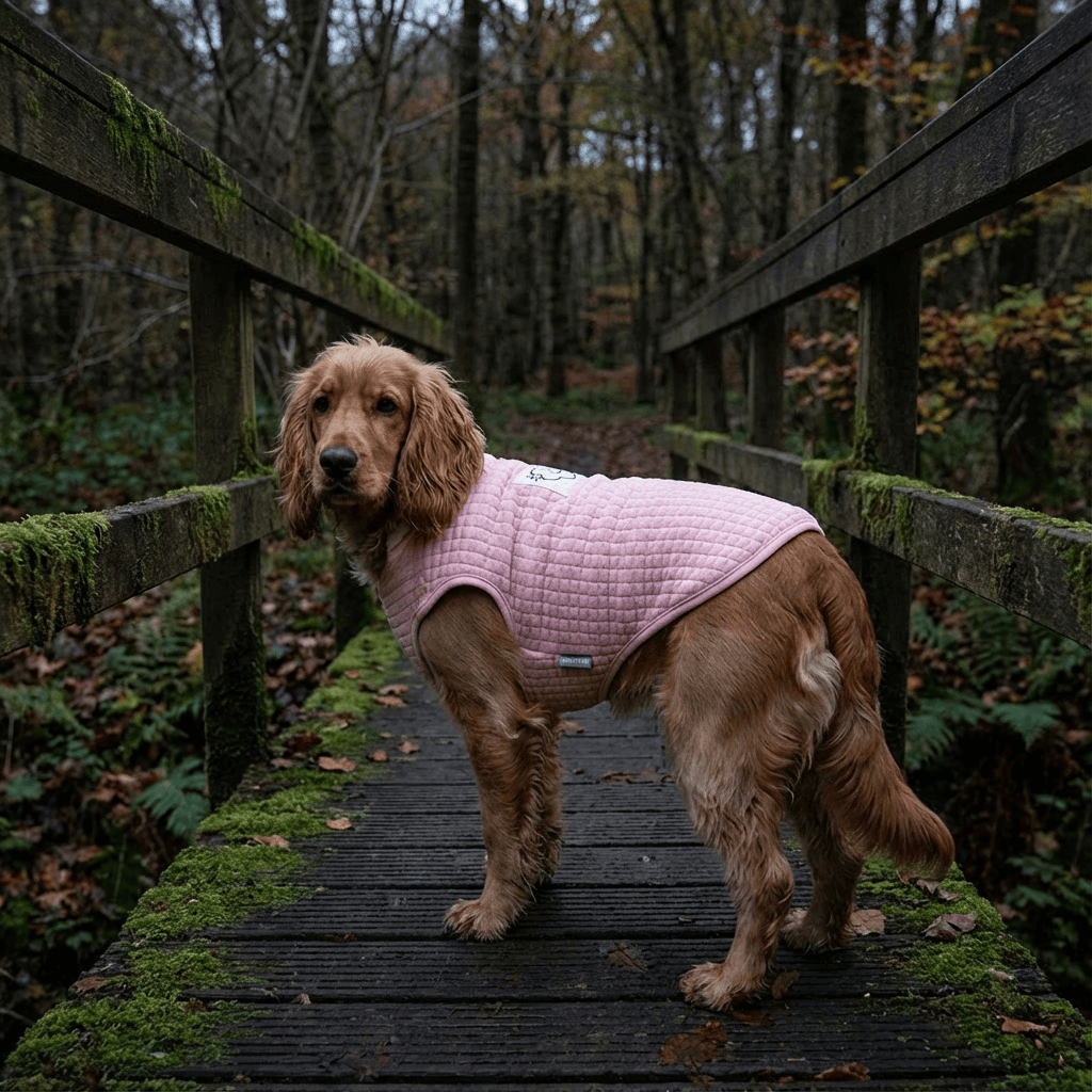 A dog wearing an Always Cloudy Velvet Dog Vest Sweater on a forest bridge, showcasing its soft fabric and relaxed fit.