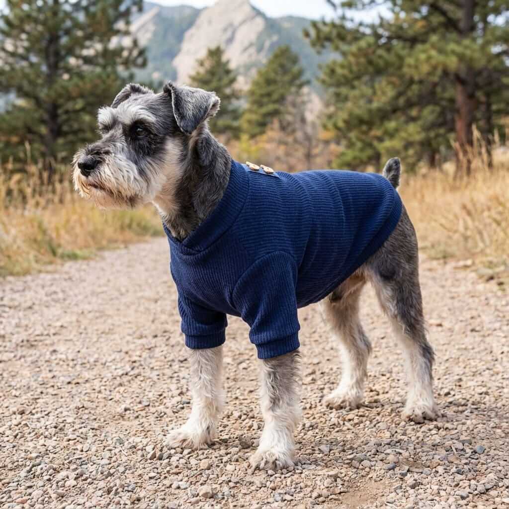 Always Ready Two-legged Dog Sweater on a Schnauzer, featuring cozy fabric and a modern design, perfect for dogs and cats.