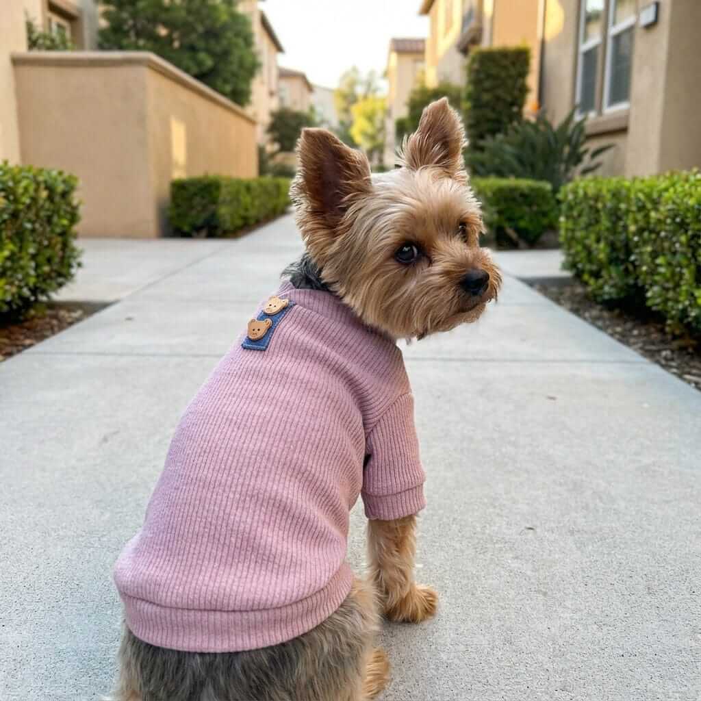 Always Ready Two-legged Dog Sweater on a small dog, featuring breathable fabric and elasticated hem, by Dogs & Cats.