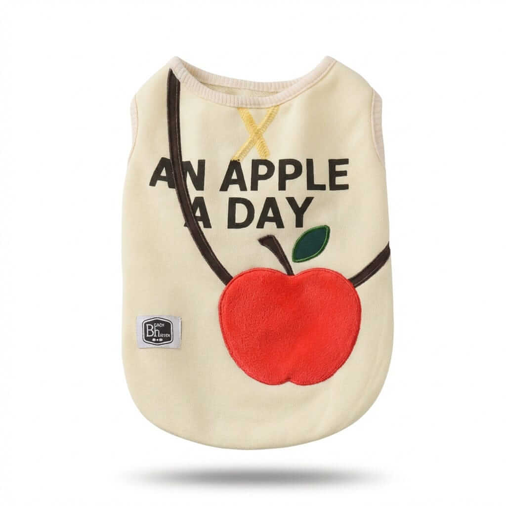 An Apple A Day Vest for dogs, 100% cotton, lightweight fit, perfect for adventures with your furry companion.