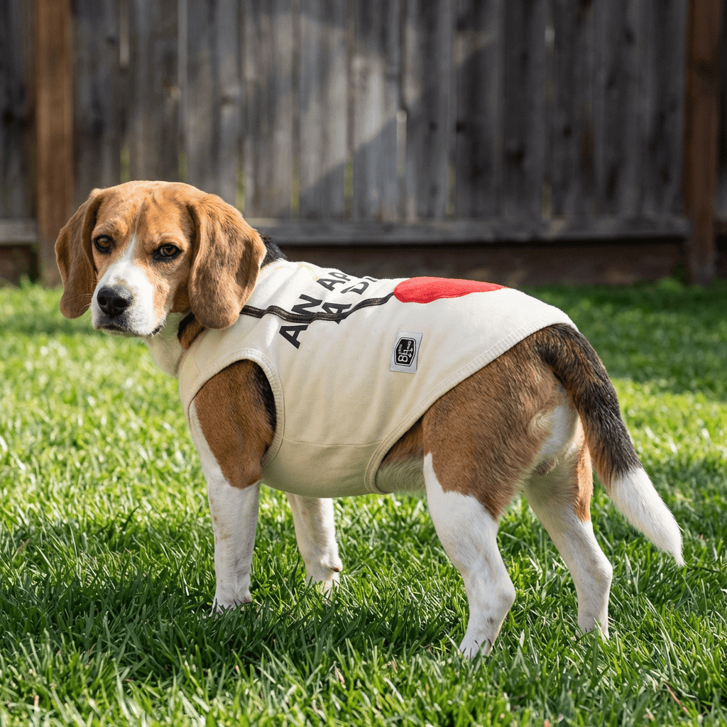 An Apple A Day Vest on a beagle, showcasing its comfortable fit and 100% cotton material, perfect for dogs and cats.