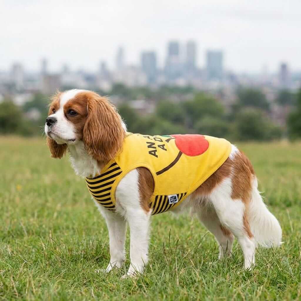 An Apple A Day Vest on a dog in a field, featuring a comfortable fit, ideal for adventures with Dogs & Cats.