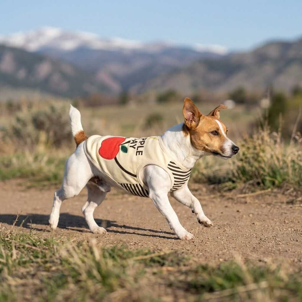 An Apple A Day Vest on a dog exploring outdoors, featuring comfortable cotton fabric and a stylish design from Dogs & Cats.