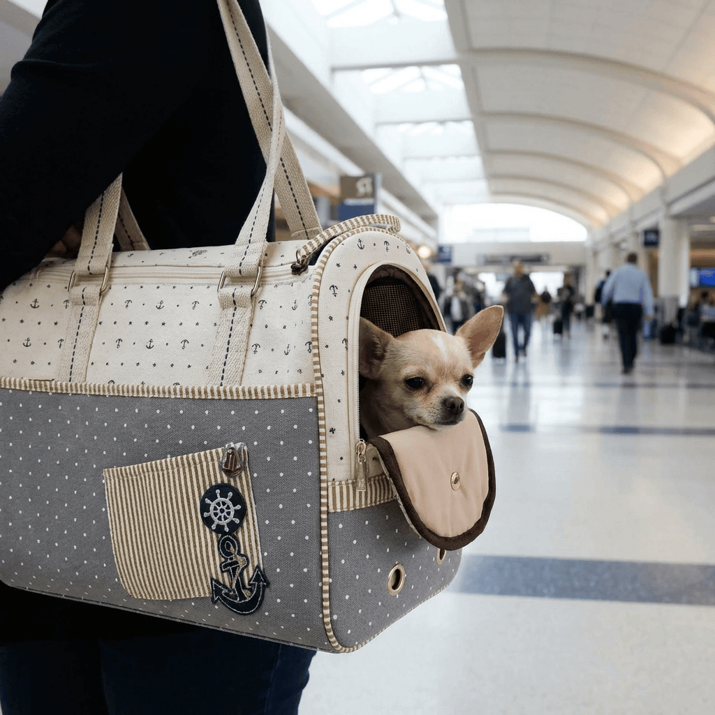 Dog in Anchor Pet Canvas Carrier Bag being carried in an airport, featuring soft durable material and side entrance.