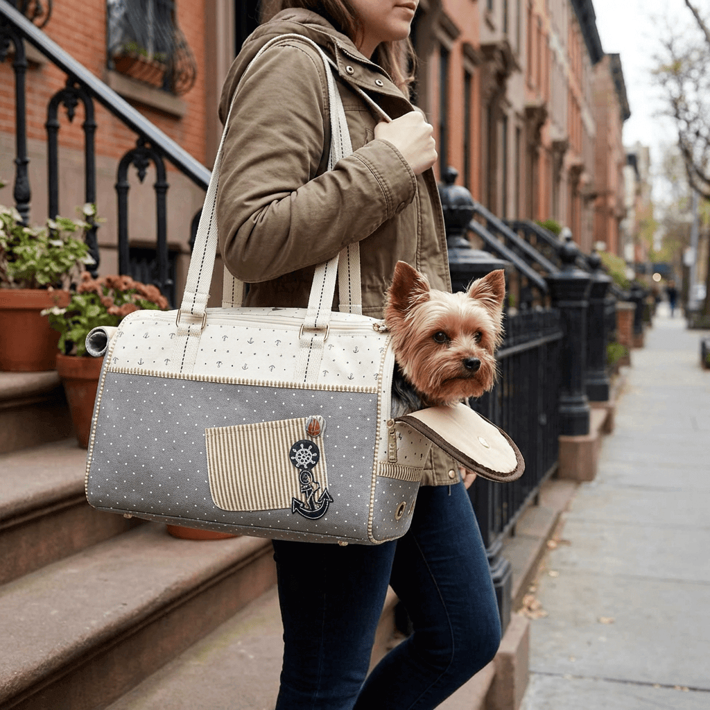Woman carrying Anchor Pet Canvas Carrier Bag with a small dog, showcasing durability and style for pet travel.