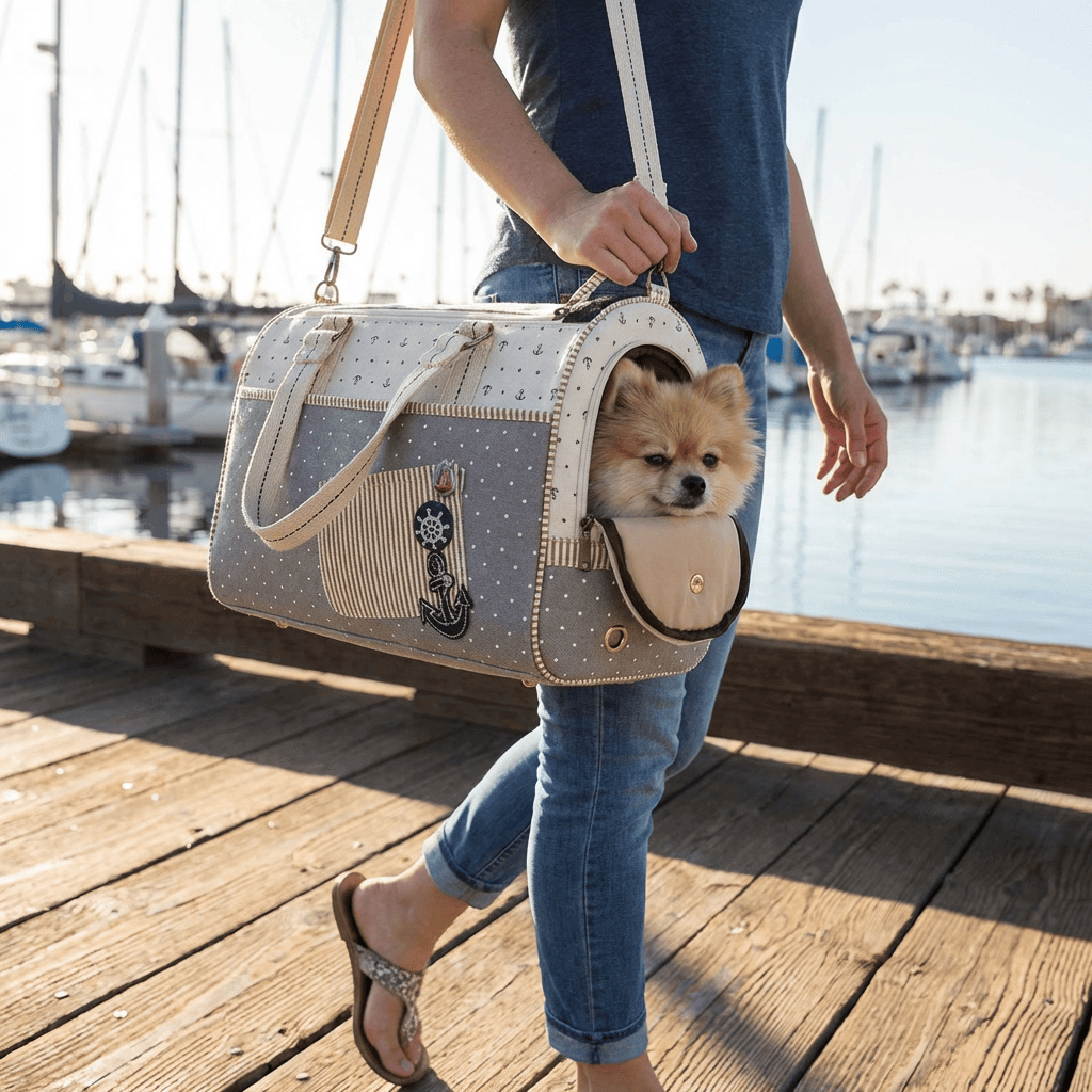 Woman carrying Anchor Pet Canvas Carrier Bag with a dog inside, showcasing its durable material and soft design for dogs & cats.
