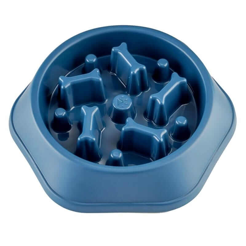 Anti-Choke Pet Slow Feeder Bowl in blue, designed for dogs & cats to promote healthy eating and prevent choking.