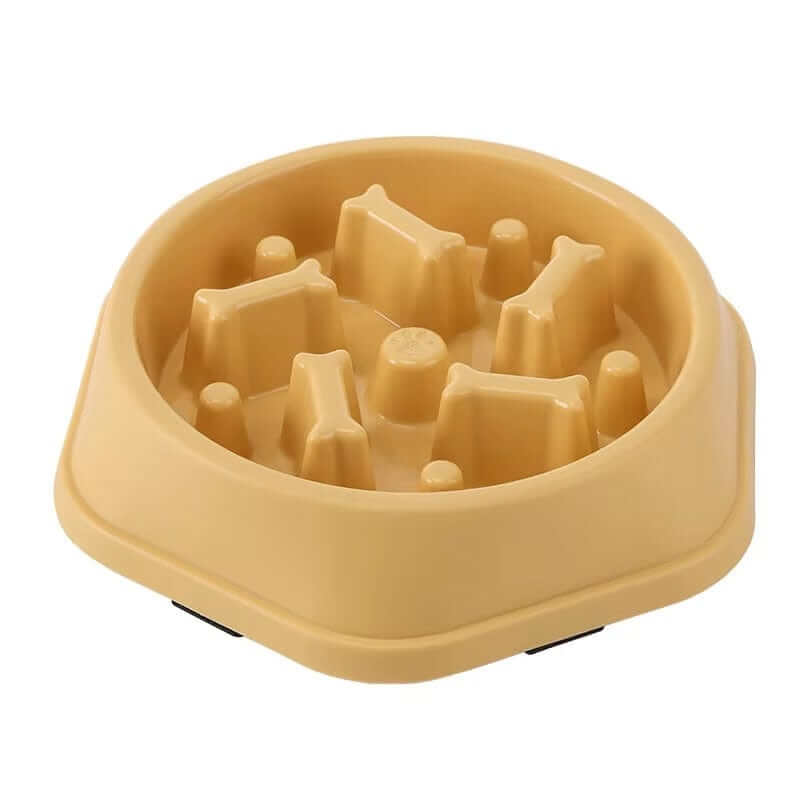 Anti-Choke Pet Slow Feeder Bowl in yellow, designed for dogs & cats, promotes healthy eating & prevents choking.