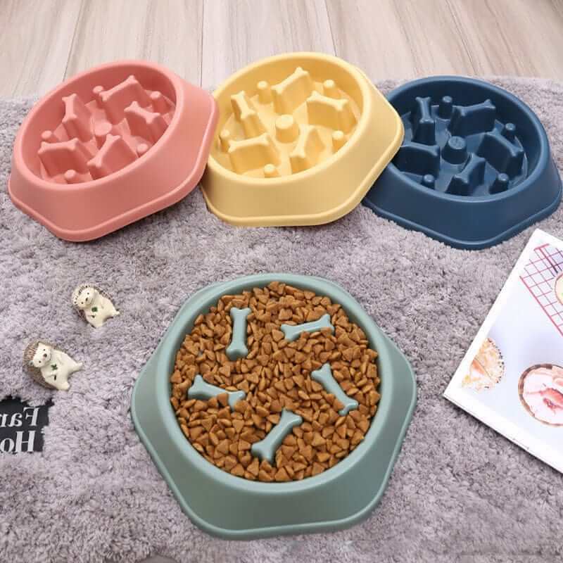 Anti-Choke Pet Slow Feeder Bowl in different colors, designed for dogs & cats, promotes healthy eating and prevents choking.