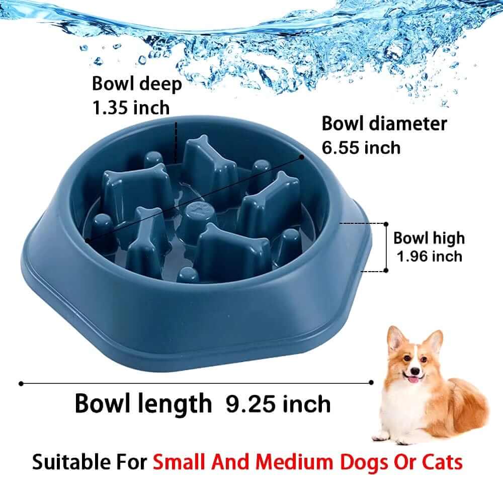 Anti-Choke Pet Slow Feeder Bowl dimensions, suitable for small and medium dogs and cats, promotes healthy eating.