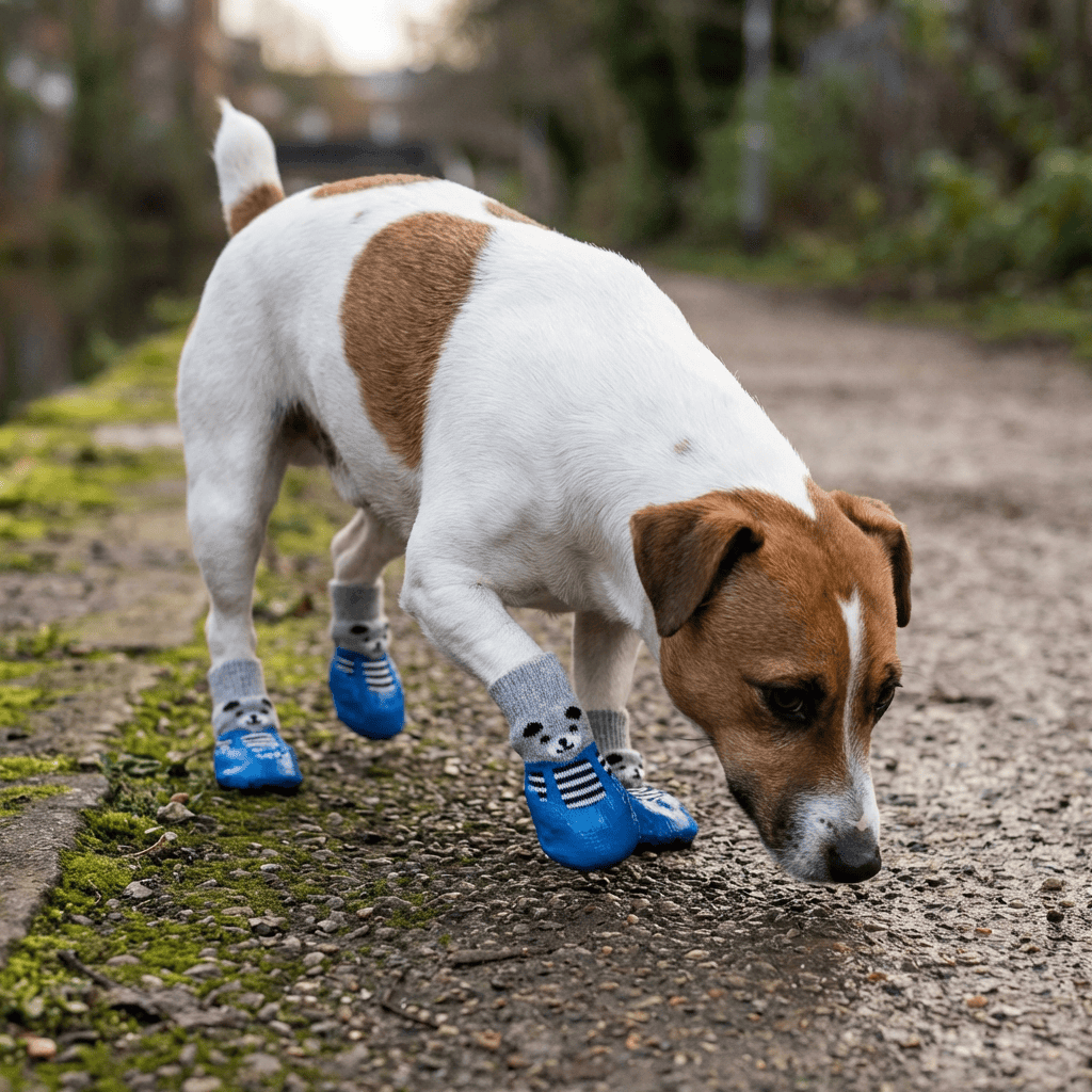 Anti-dirty Sock Dog Shoes on a dog walking outdoors, showcasing no-slip soles and breathable cotton material by Dogs & Cats.