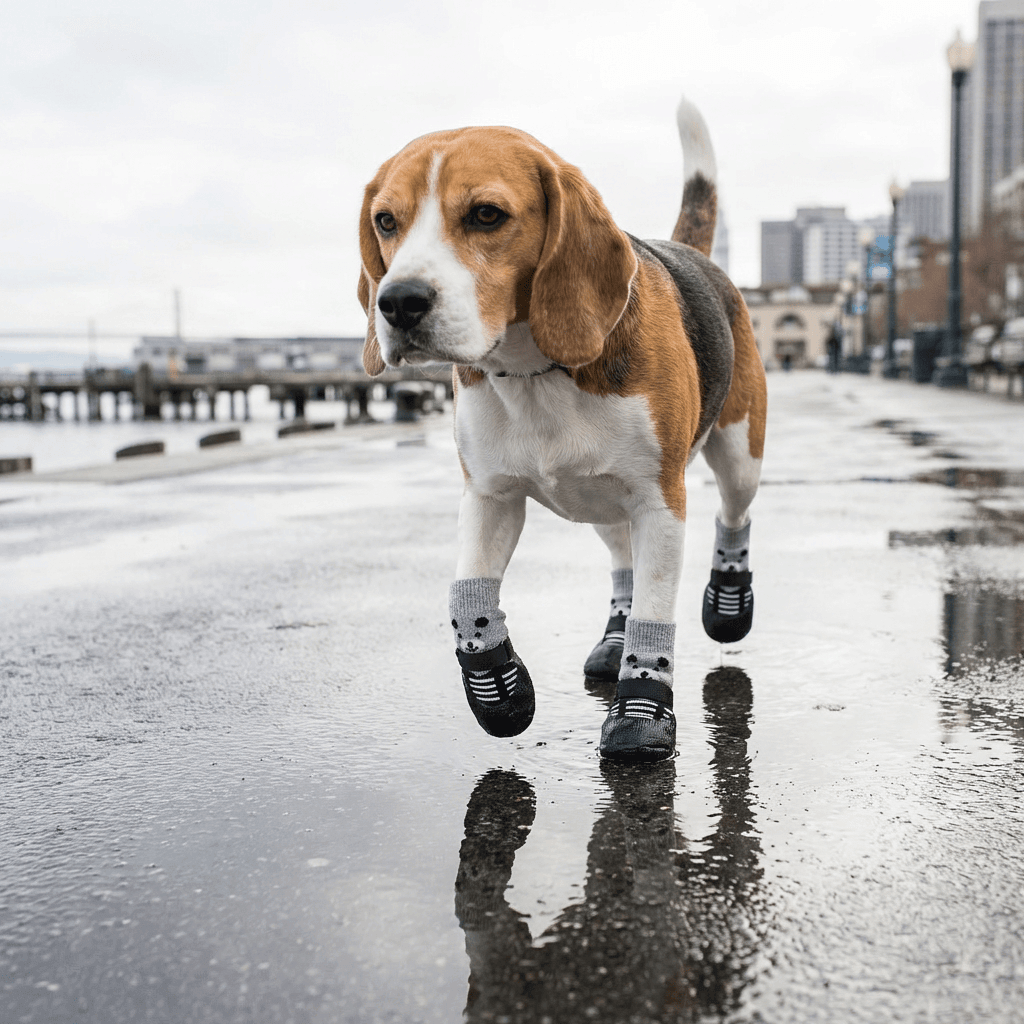 Beagle dog wearing Anti-dirty Sock Dog Shoes walking on a wet surface, showcasing no-slip soles and breathable cotton.