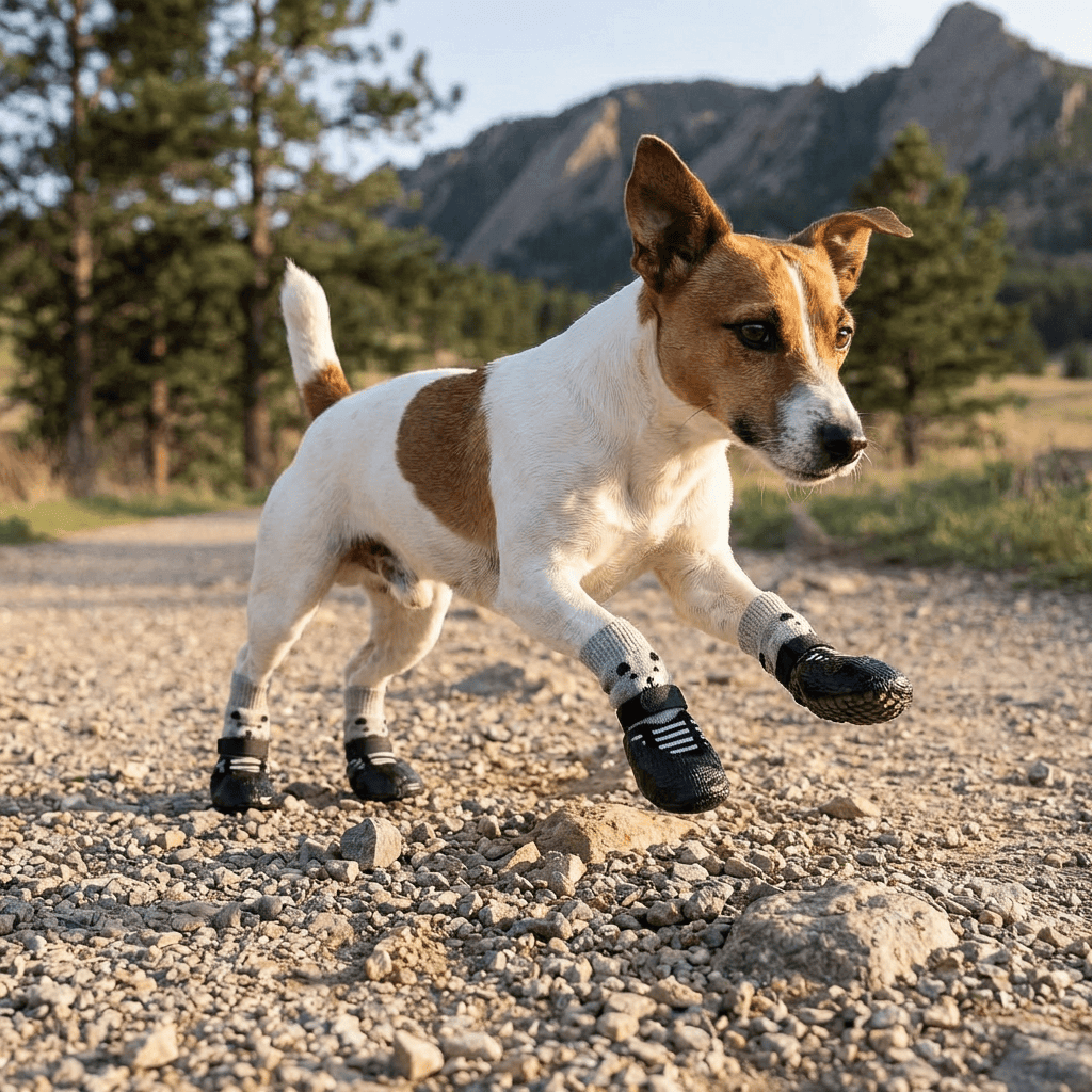 A dog wearing Anti-dirty Sock Dog Shoes running on a trail showcasing no-slip soles and breathable material.