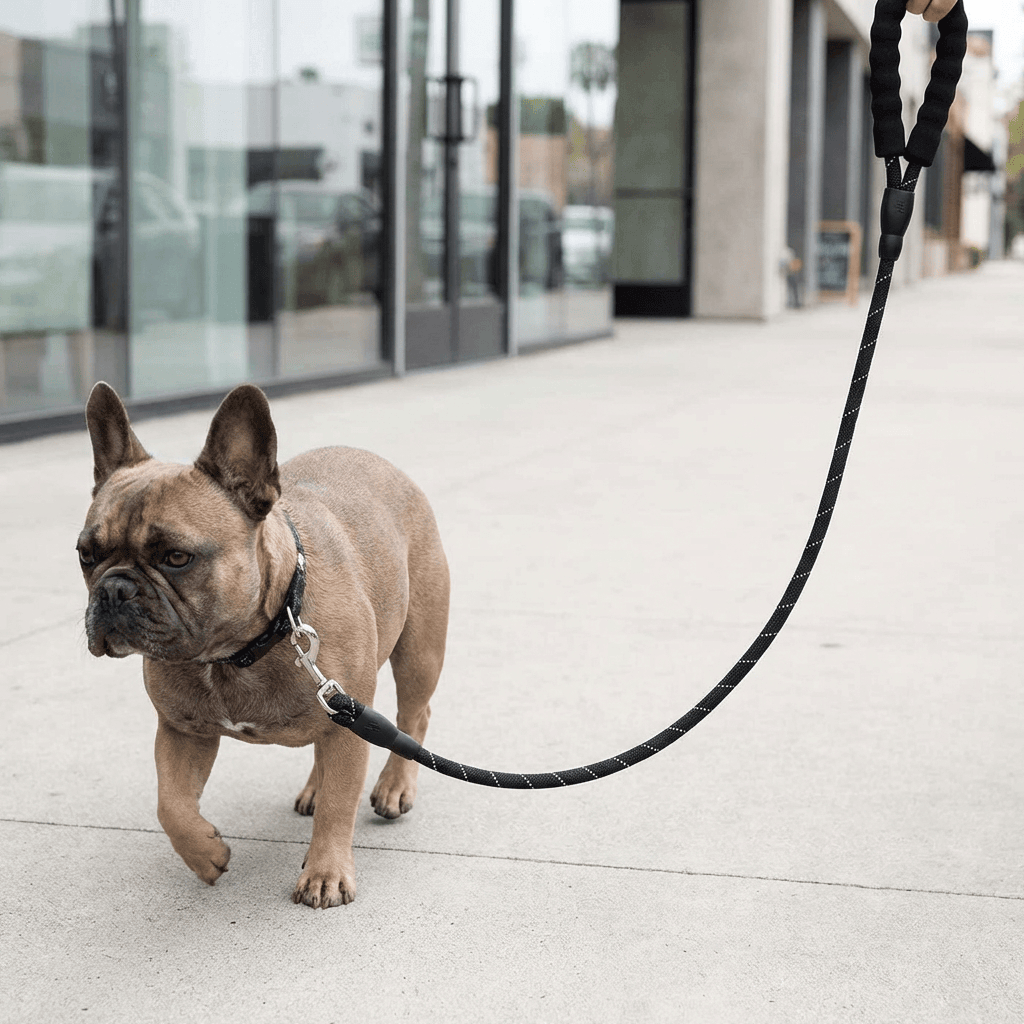Dog walking with Anti-handle Dog Reflective Leash, featuring a soft handle and sturdy clasp for comfort and durability.