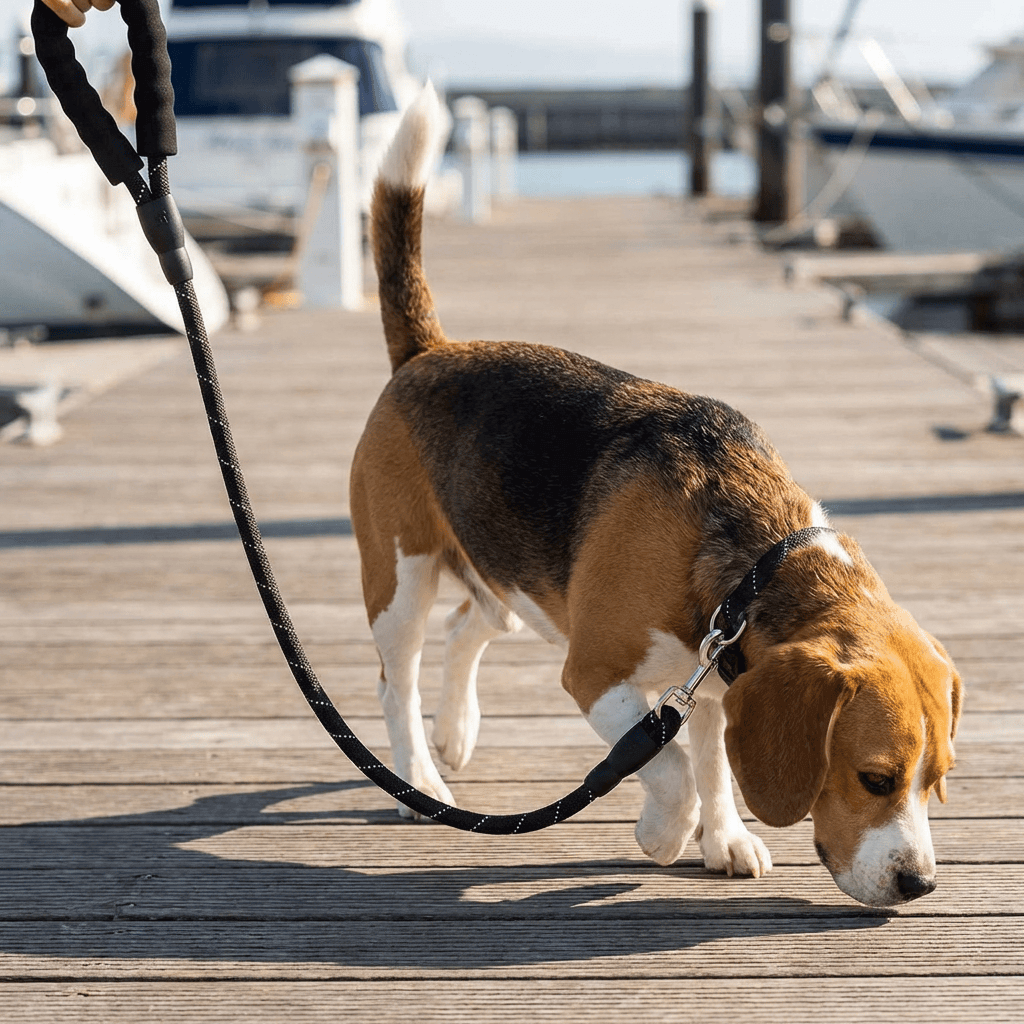 Anti-handle Dog Reflective Leash used by a Beagle on a dock, showcasing the sturdy design and comfortable handle.