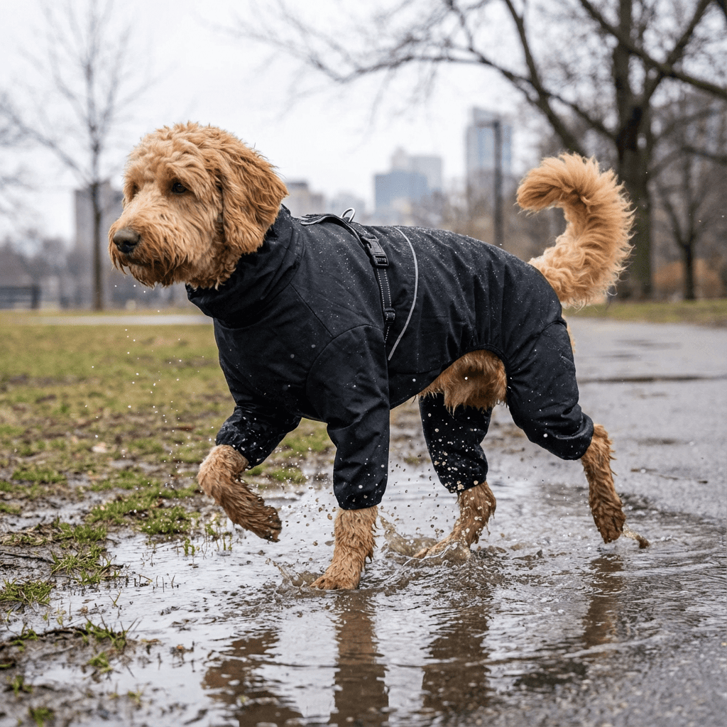 Anti-Storm Waterproof Dog Raincoat on a dog walking through puddles, providing full-body waterproof coverage.