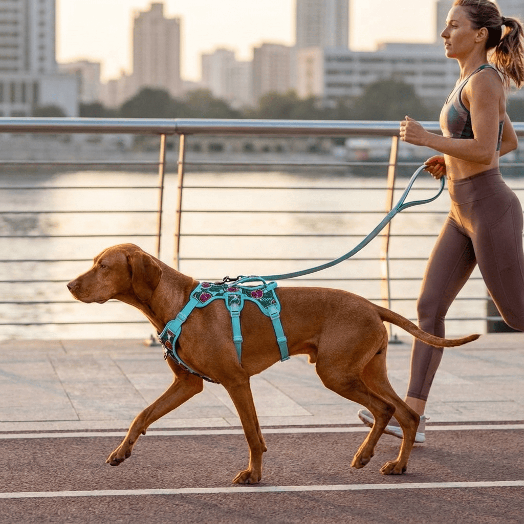 AquaGuard No-Pull Dog Harness in turquoise on a dog being walked by an active owner near a city waterfront.