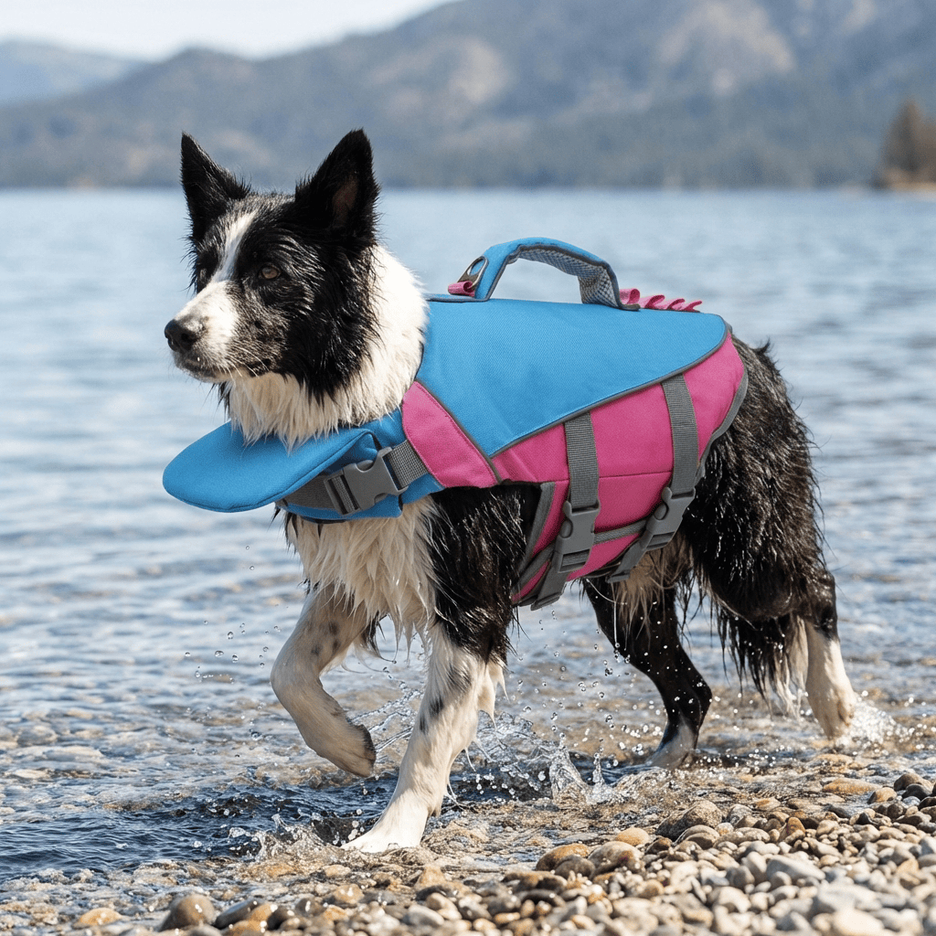 AquaGuard Shark Dog Life Jacket on a Border Collie in colorful water safety vest at the beach.