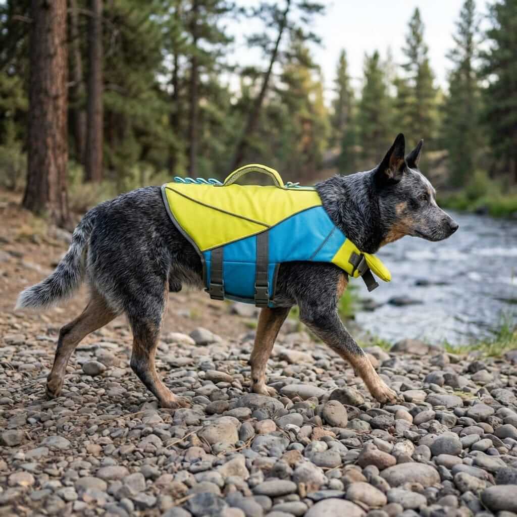 AquaGuard Shark Dog Life Jacket on a dog walking by a river, showcasing its bright colors and secure fit for safety.
