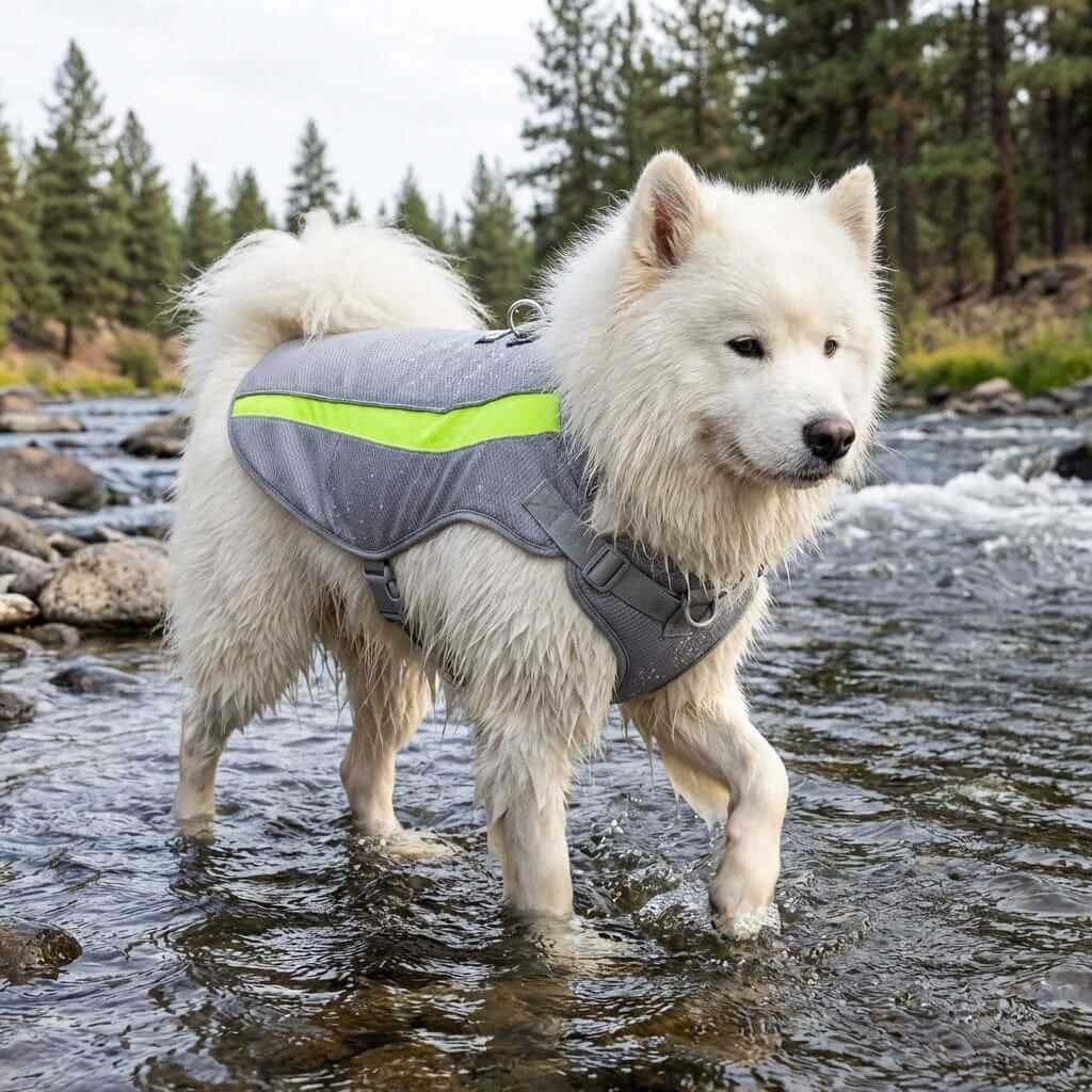 Arctic Breeze Cooling Vest for dogs, lightweight cooling jacket with breathable mesh, designed for hot weather adventures.