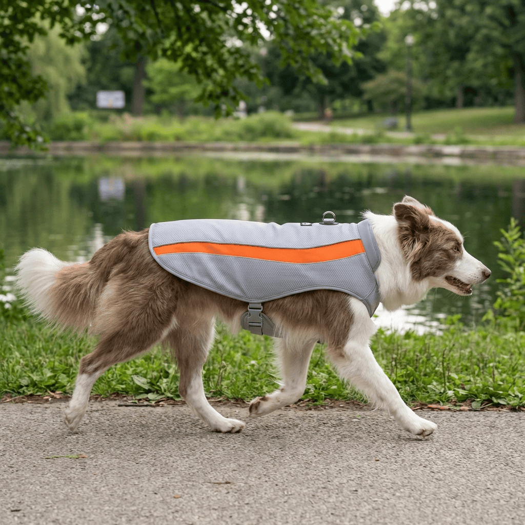 Dog wearing Arctic Breeze Cooling Vest while walking by a pond in warm weather.