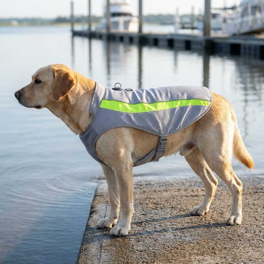 Dog wearing Arctic Breeze Cooling Vest by Dogs & Cats near water, showcasing lightweight cooling features.