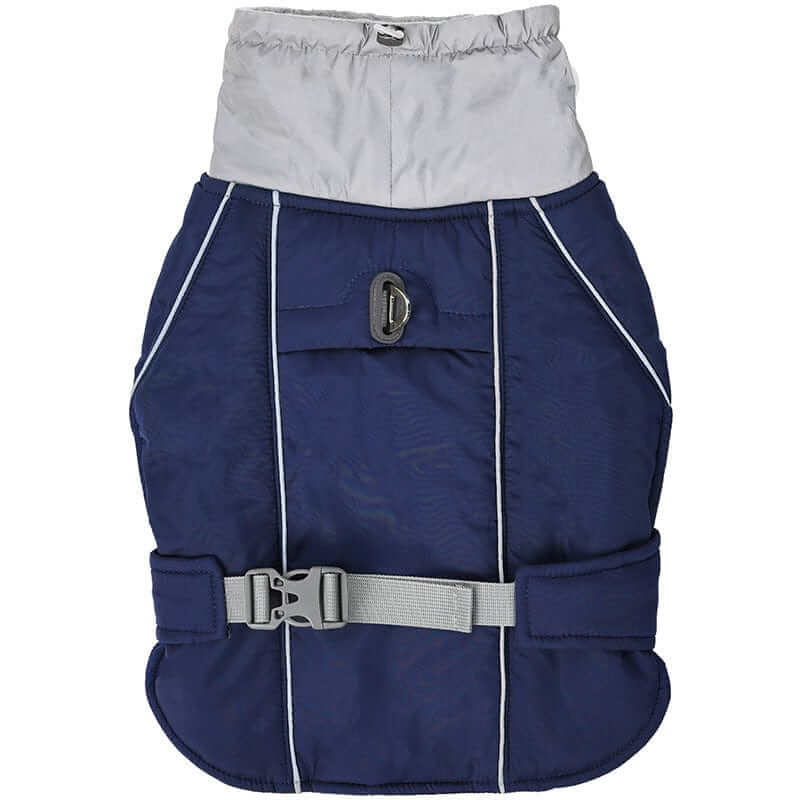 Arctic Guardian Waterproof Reflective Winter Dog Vest, navy blue winter jacket with thick padding and reflective detailing for dogs.
